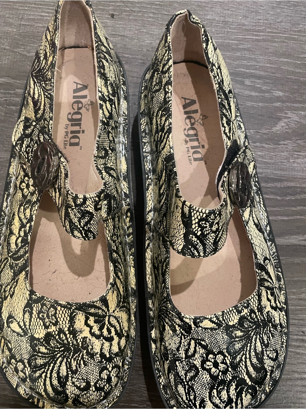 Alegria Black and Cream Floral Mary Jane Shoes